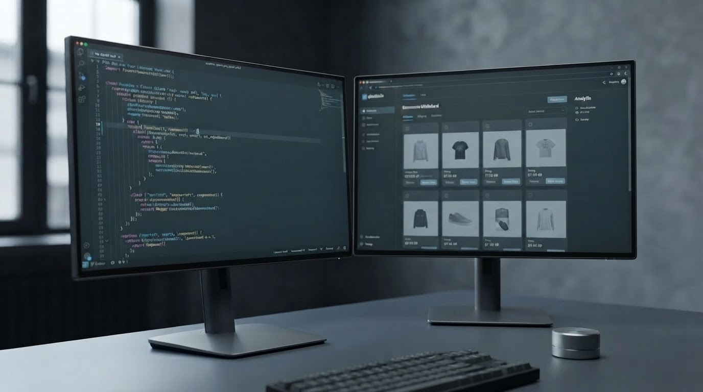 Modern dark-mode developer environment illustrating ecommerce website development cost, showing clean code and a high-performance storefront interface on high-end monitors