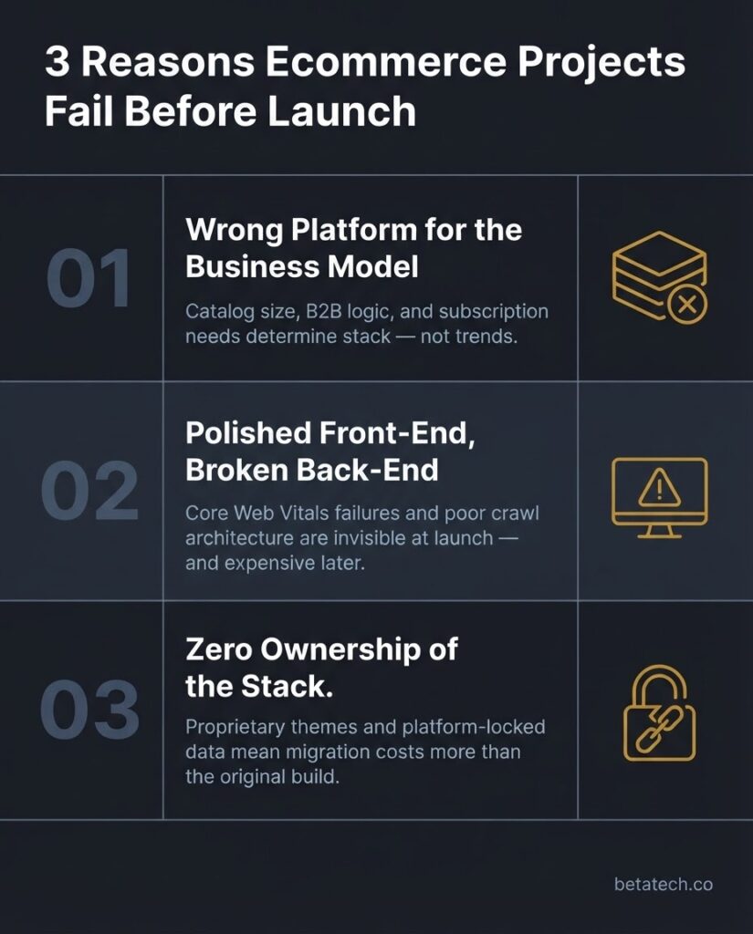 Flat vector infographic titled "3 Reasons Ecommerce Projects Fail Before Launch" showing three labeled failure modes: wrong platform selection, broken back-end architecture behind polished design, and zero stack ownership — each with a minimal icon and diagnostic descriptor, on a dark charcoal background.