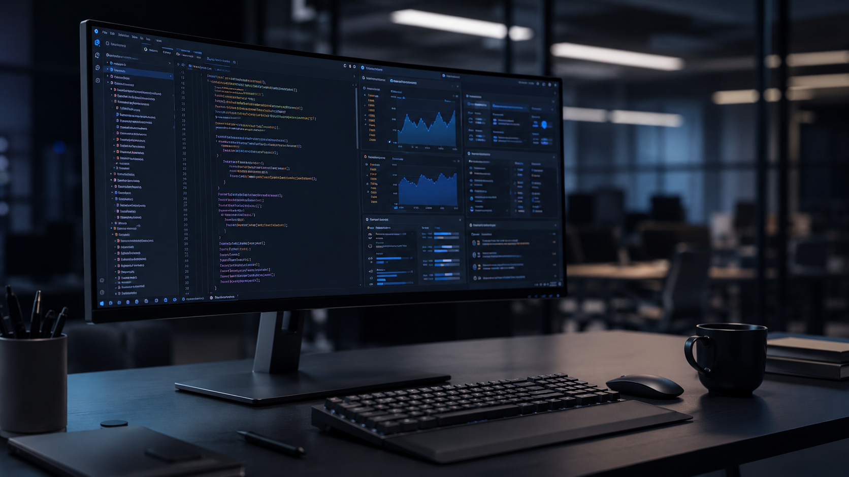 A premium dual-monitor engineering workspace displaying clean code architecture and performance dashboards, illustrating the structured, fully managed technical environment of a professional web development agency.