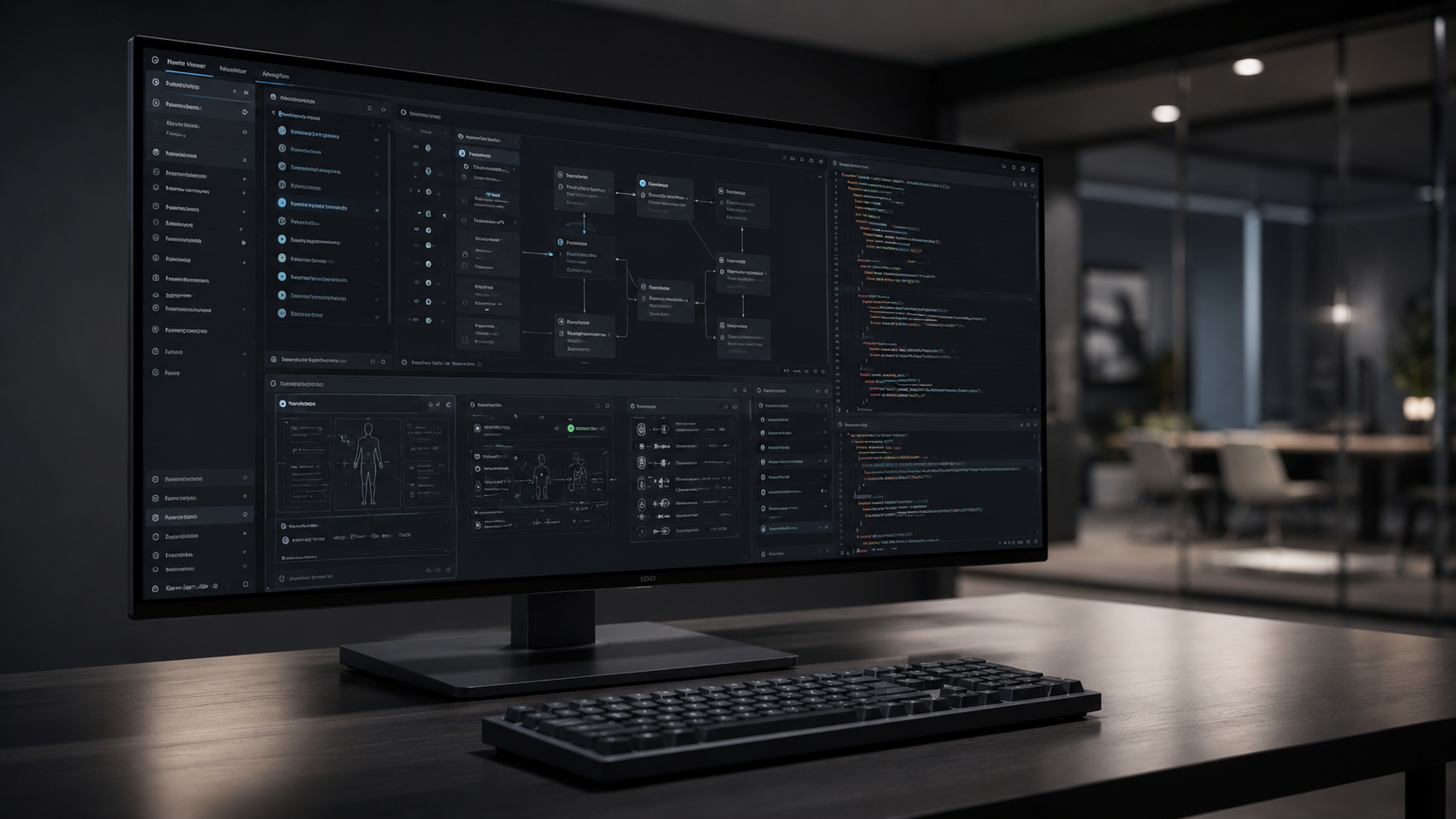 Close-up of a high-performance dark mode medical dashboard on a developer's ultra-wide monitor, representing secure healthcare web application development architecture and compliance data structures.