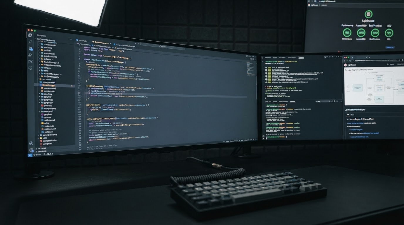 A professional ecommerce website development environment showing clean dark-mode code architecture on dual high-resolution monitors, representing structured backend development and performance-focused build strategy.
