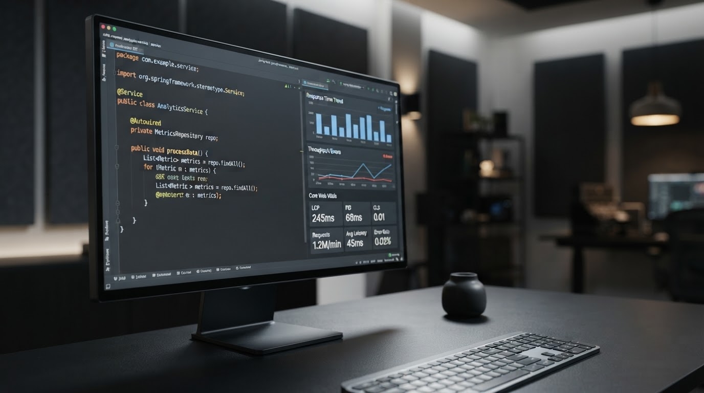 Java web application development services shown as a clean Spring Boot code editor and performance dashboard on a high-end monitor in a modern dark studio