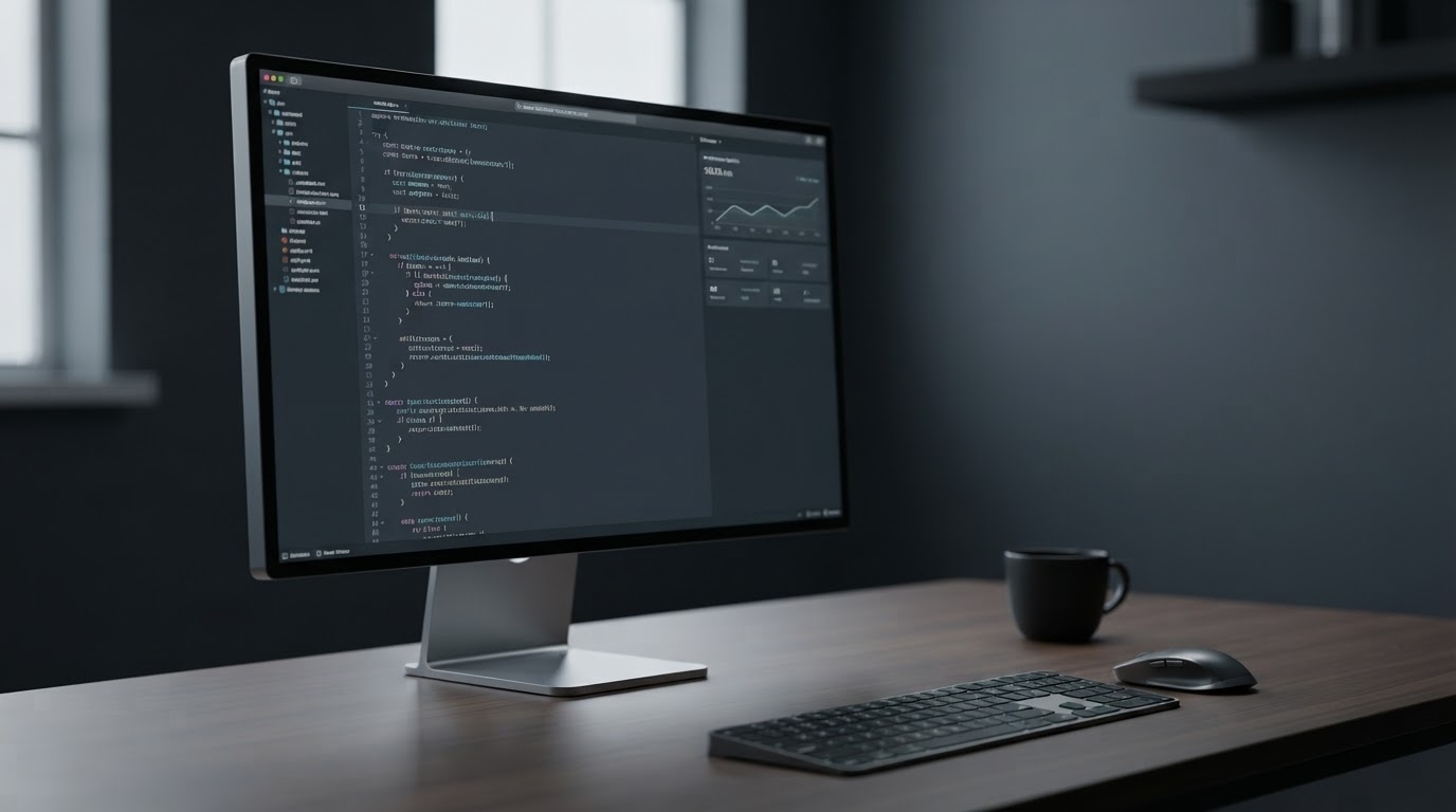 Laravel web application development services shown on a high-end dark-mode developer workstation displaying clean, structured code and a performance dashboard.
