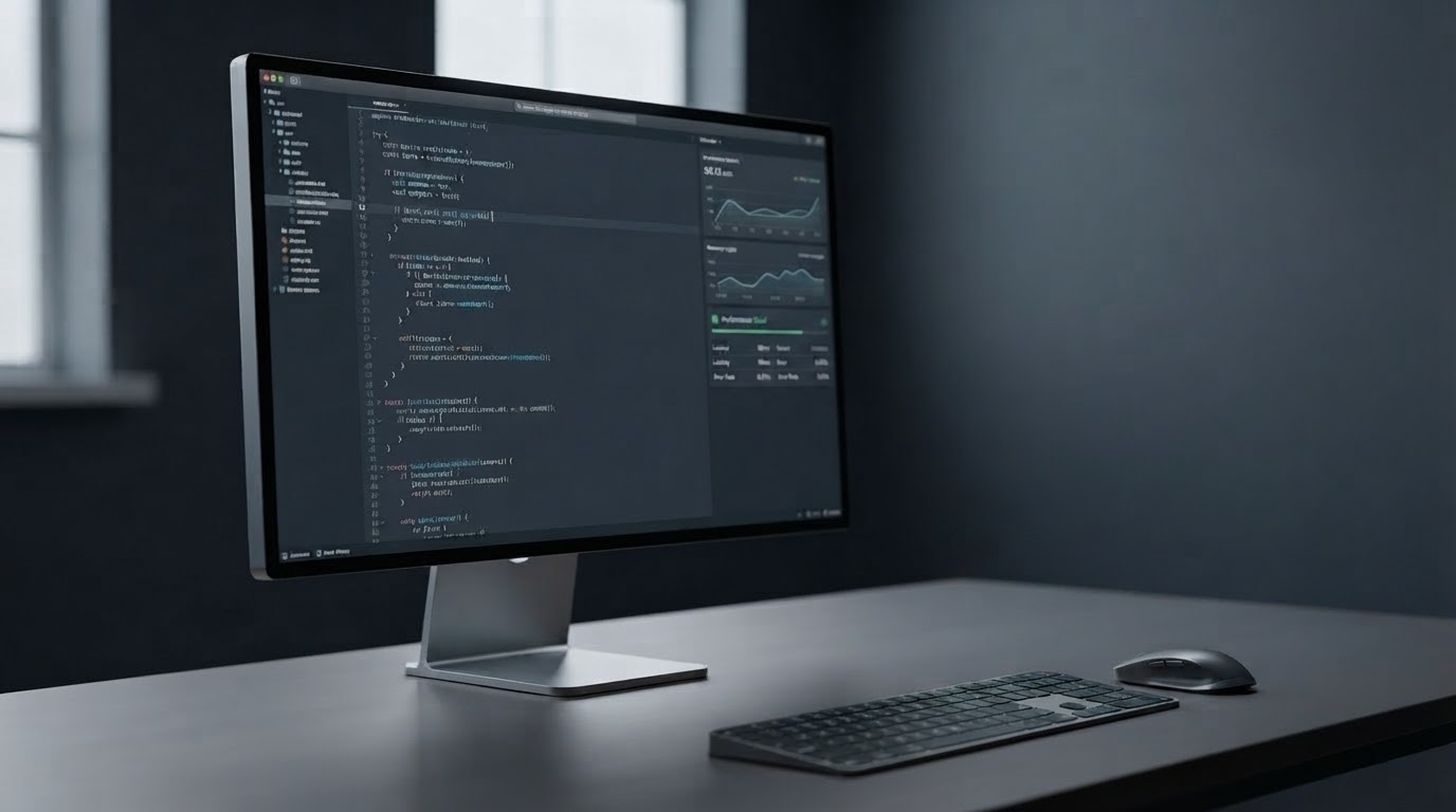 Node JS web application development services shown as a scalable backend architecture and performance dashboard on a high-end dark-mode developer monitor