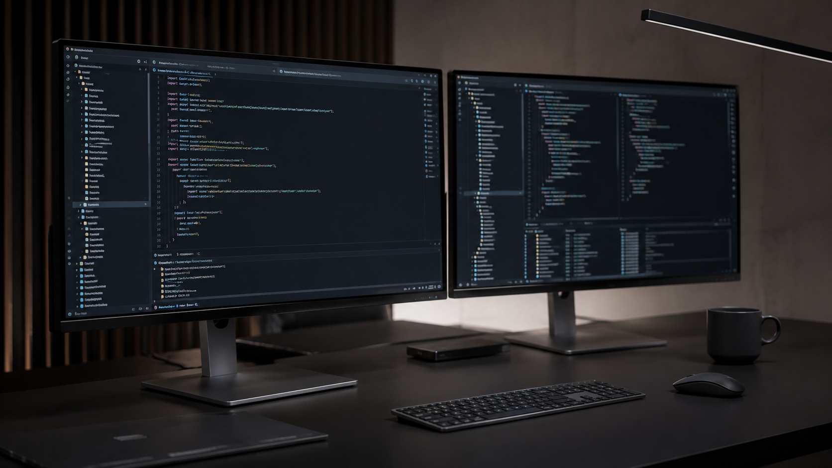 Photorealistic comparison of PHP and Node.js backend architectures displayed on high-end metallic monitors in a modern development agency workspace.
