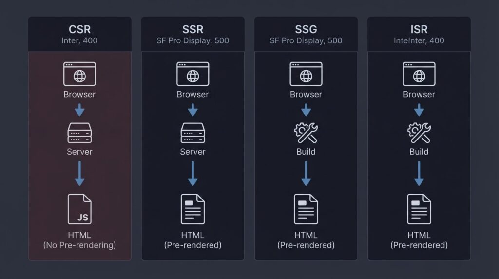 Technical architecture diagram comparing React JS rendering modes — CSR, SSR, SSG, and ISR — showing request-response pipeline flow and HTML output differences for SEO and performance evaluation