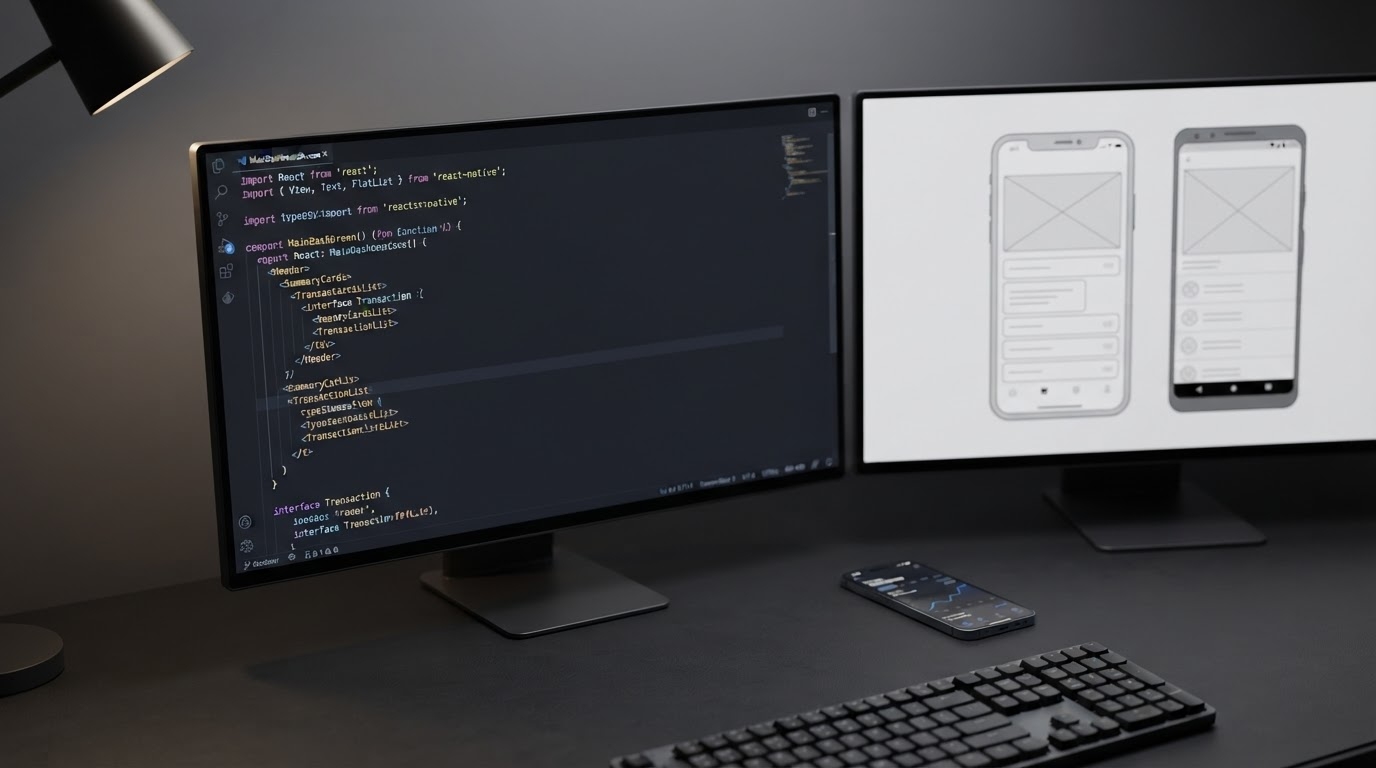 A developer's dual-monitor workstation displaying React Native component architecture and mobile app UI previews in a dark-mode professional development environment — BetaTech react native development services