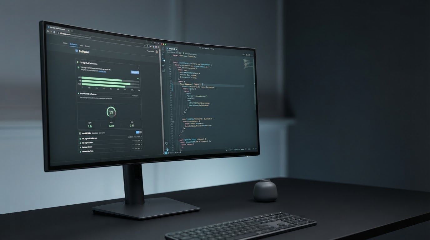 Modern dark-mode developer monitor showing a fast-loading ReactJS web application dashboard with clean Core Web Vitals performance metrics, representing high-performance reactjs web application development services.
