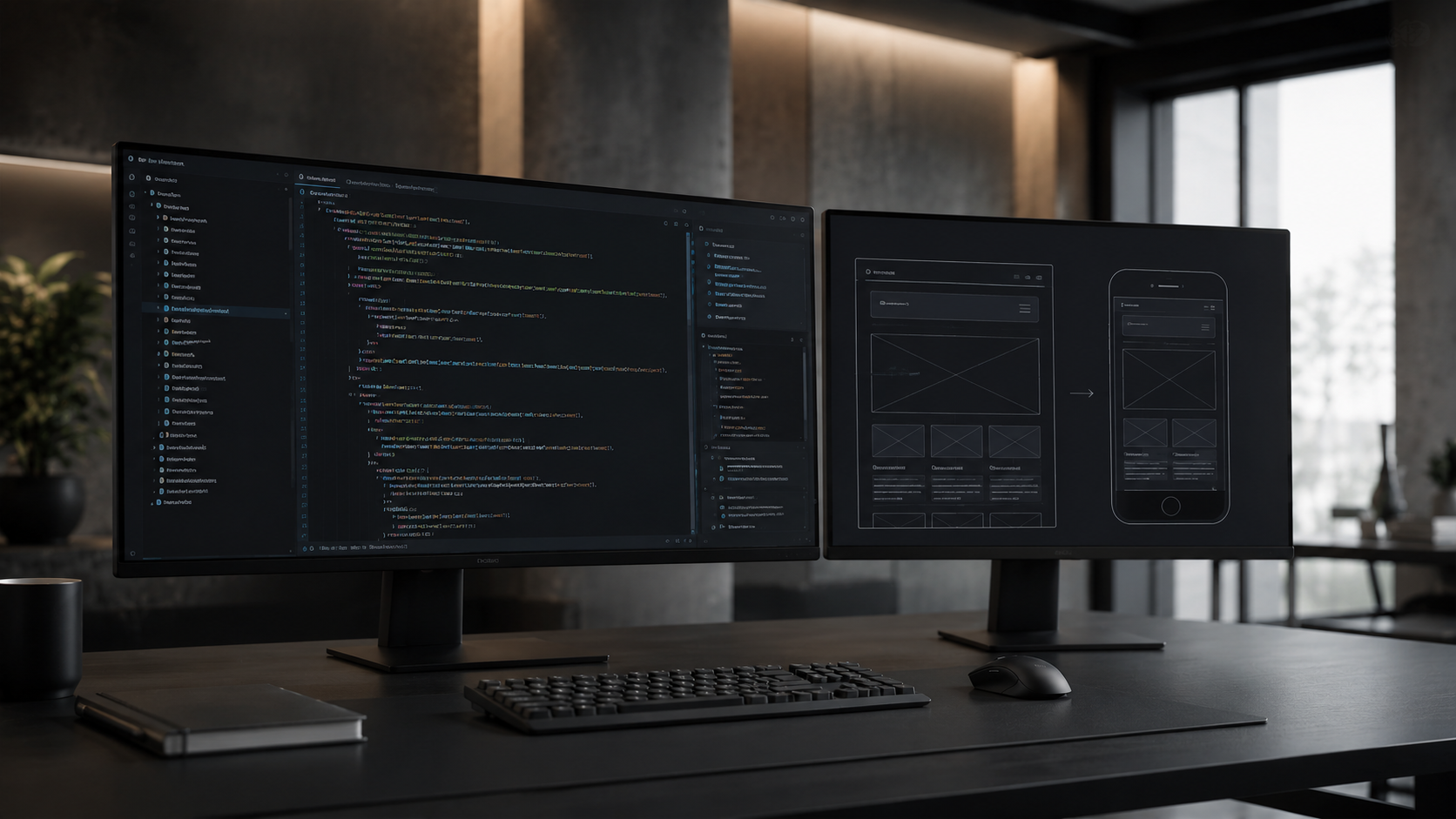 A modern dark-mode developer workspace featuring a dual-monitor setup displaying fluid grid code and a mobile-first interface, representing high-performance responsive web design best practices.