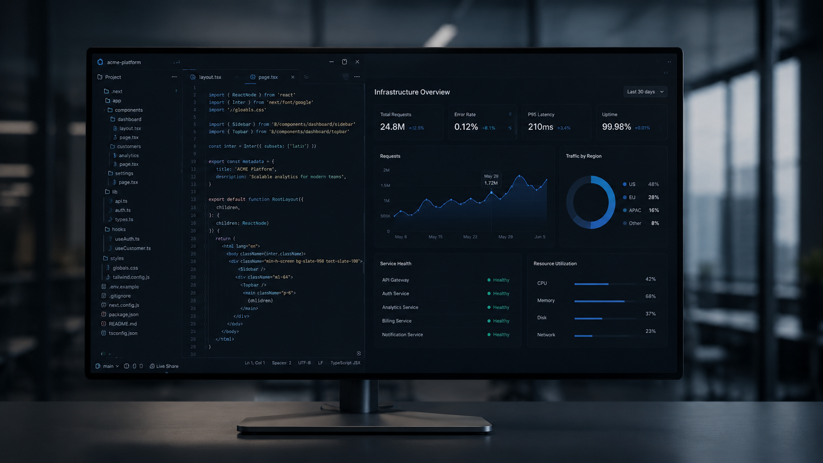 A professional dark mode monitor setup displaying clean multi-tenant backend architecture and budget analytics for SaaS web application development costs.