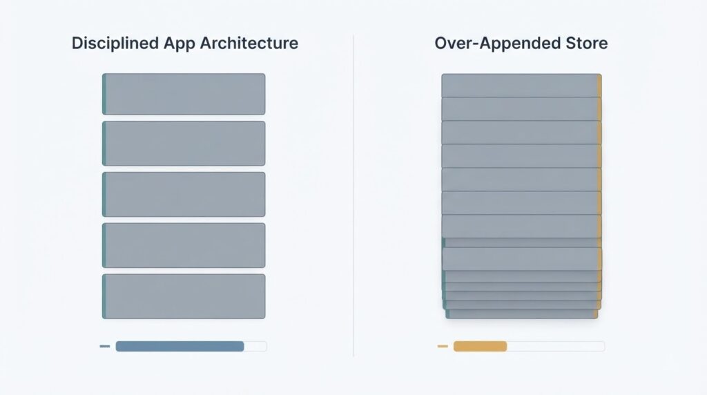 Side-by-side comparison of clean Shopify app architecture versus bloated over-appended app stack showing performance impact on ecommerce store page load