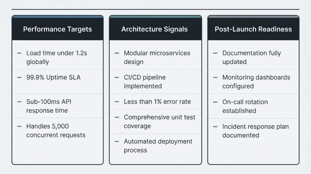 Shopify ecommerce website development quality benchmark checklist showing performance targets, clean architecture signals, and post-launch operational readiness criteria for US business owners