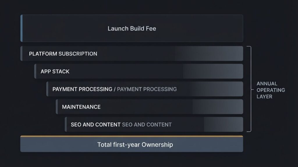 Shopify ecommerce website development total cost of ownership breakdown showing launch build fee versus first-year operational costs including platform subscription, app stack, and maintenance