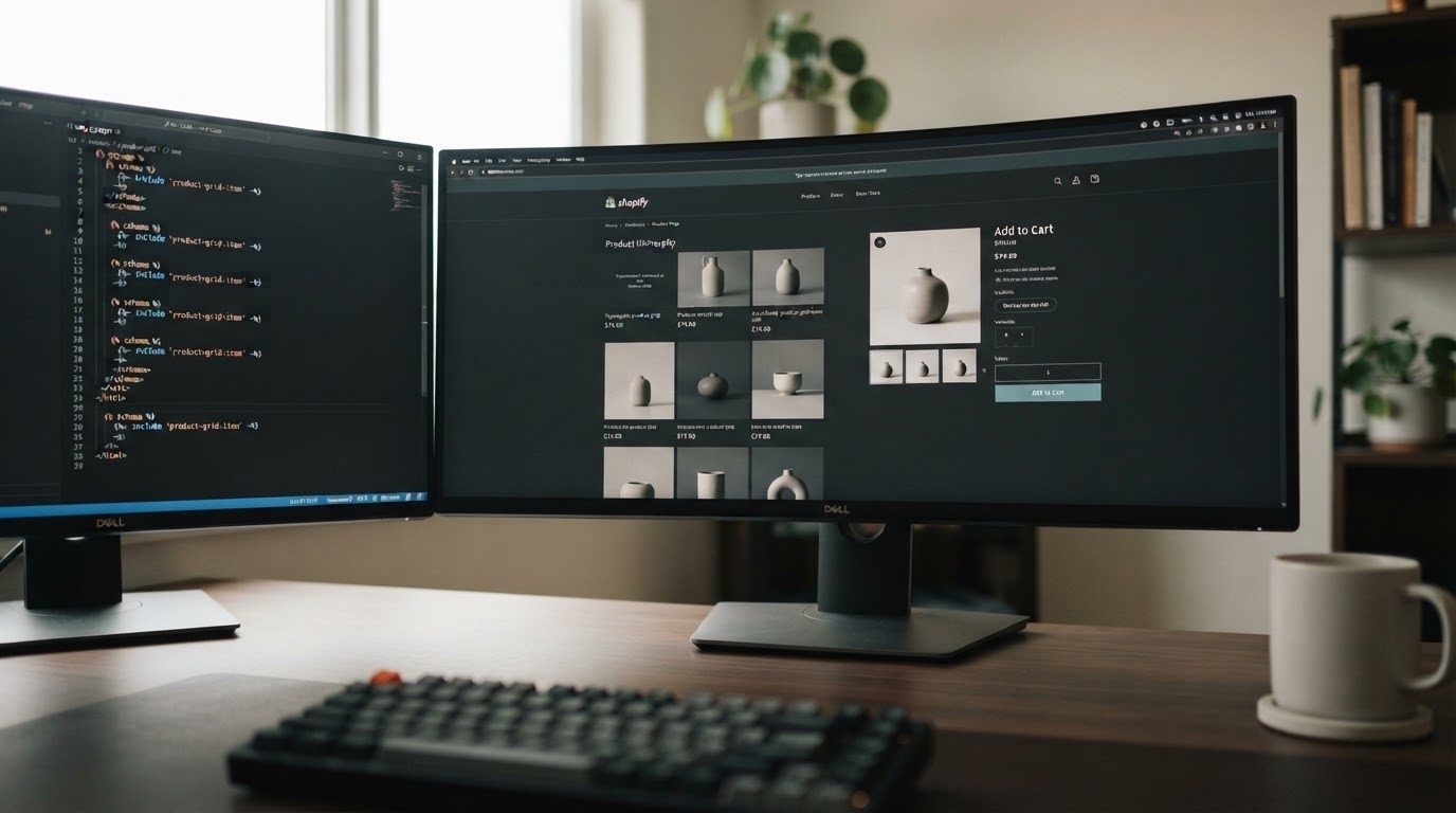 Shopify ecommerce website development workspace showing clean dark-mode code editor and product UI on dual high-end monitors — BetaTech agency development environment