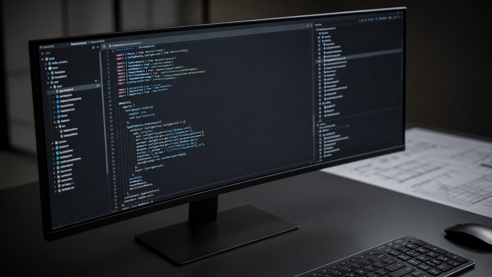 A modern, high-end developer workspace showing clean code on a dark-mode monitor, representing the technical architecture and engineering precision that drives web development services cost.