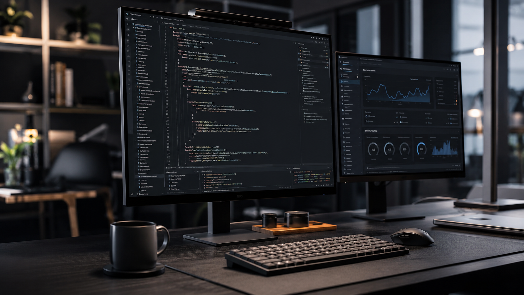 A high-end dual monitor setup in a modern tech agency displaying clean custom web development code structures and performance metrics for a small business website build.
