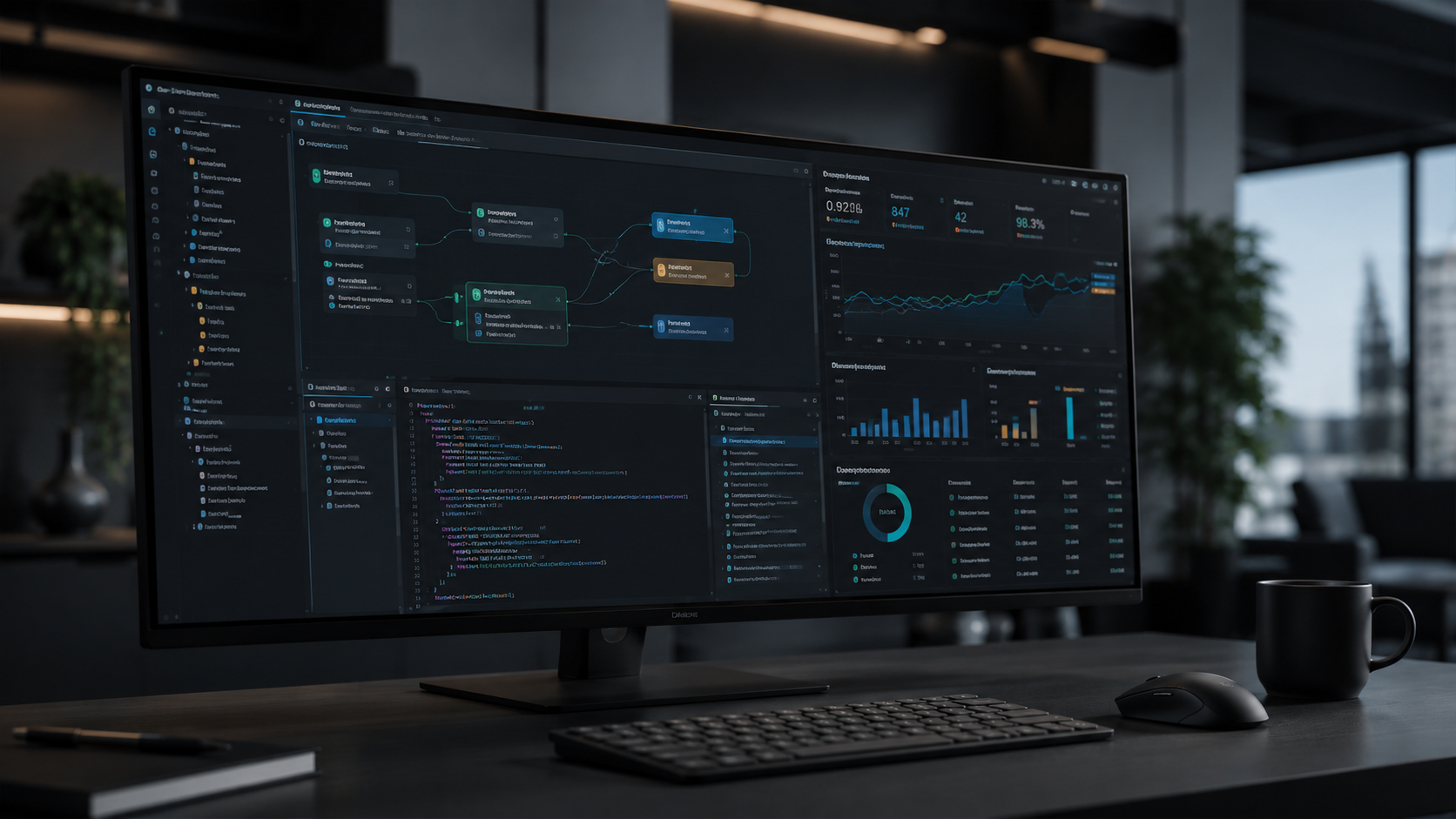Close-up of a high-end dark mode developer monitor displaying website performance optimization metrics and clean code architecture in a modern B2B tech agency workspace.