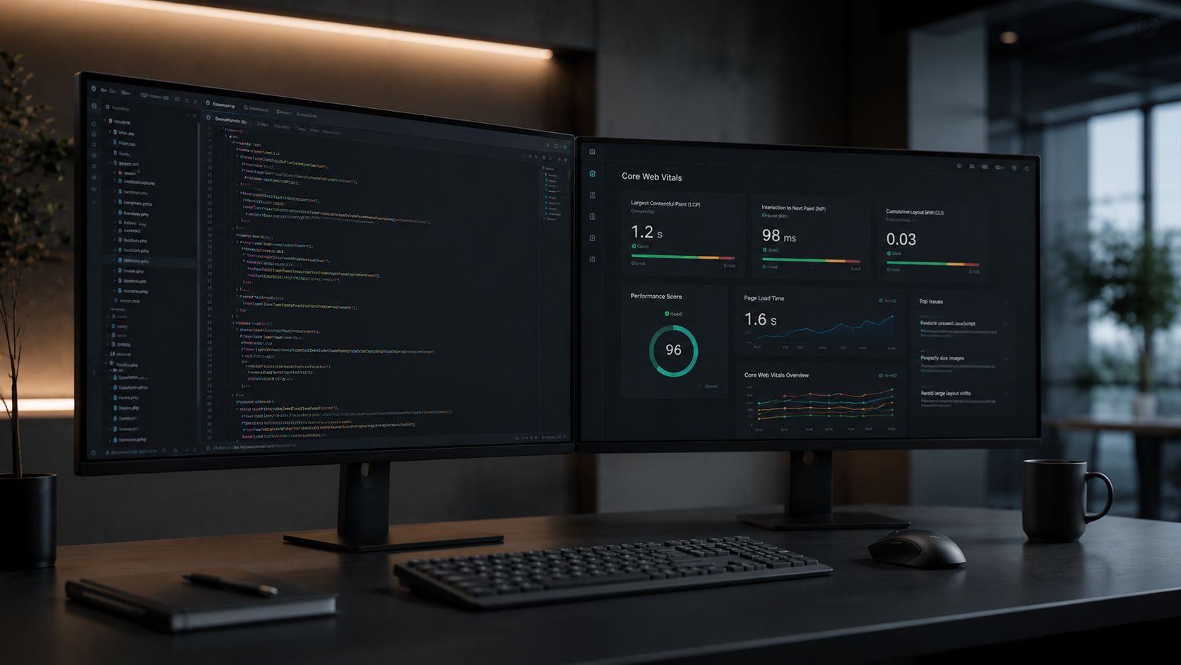 A high-end dark mode dual-monitor setup displaying technical SEO backend architecture and Core Web Vitals performance metrics on a clean code editor.