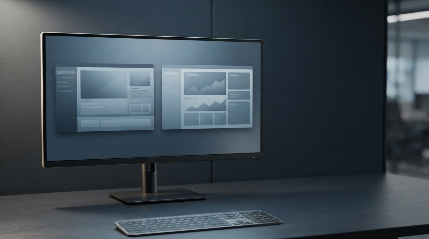 Drupal to WordPress migration planning workspace showing two browser windows with CMS interfaces on a dark monitor in a professional studio environment