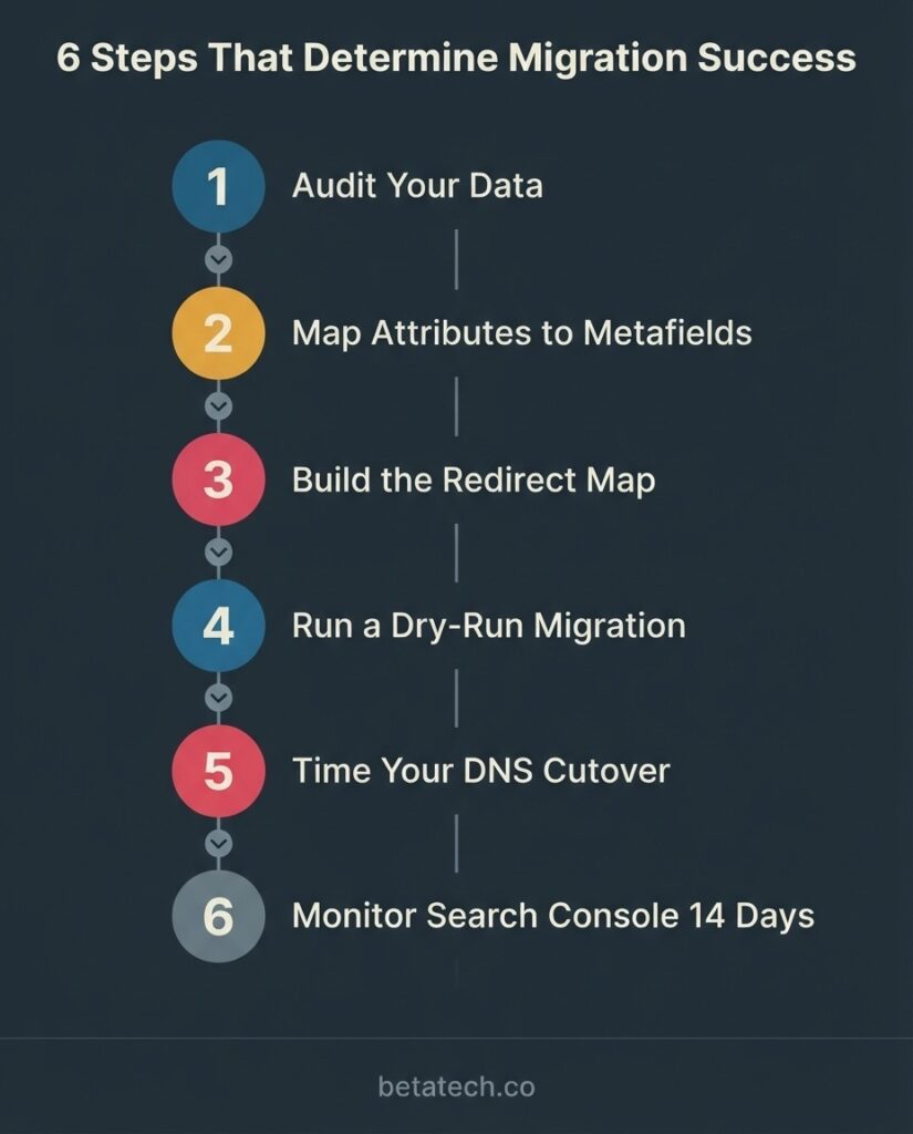 Drupal to WordPress migration SEO redirect workflow: four steps from Drupal URL crawl to 301 redirect map to WordPress go-live to Search Console resubmission