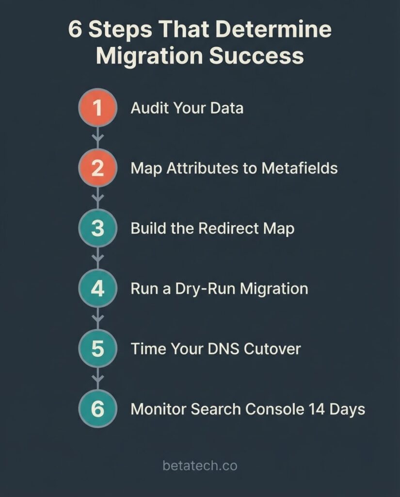 Diagram showing Magento hierarchical URL structure redirecting via 301 to flat Shopify product URL, preventing SEO ranking loss during migration