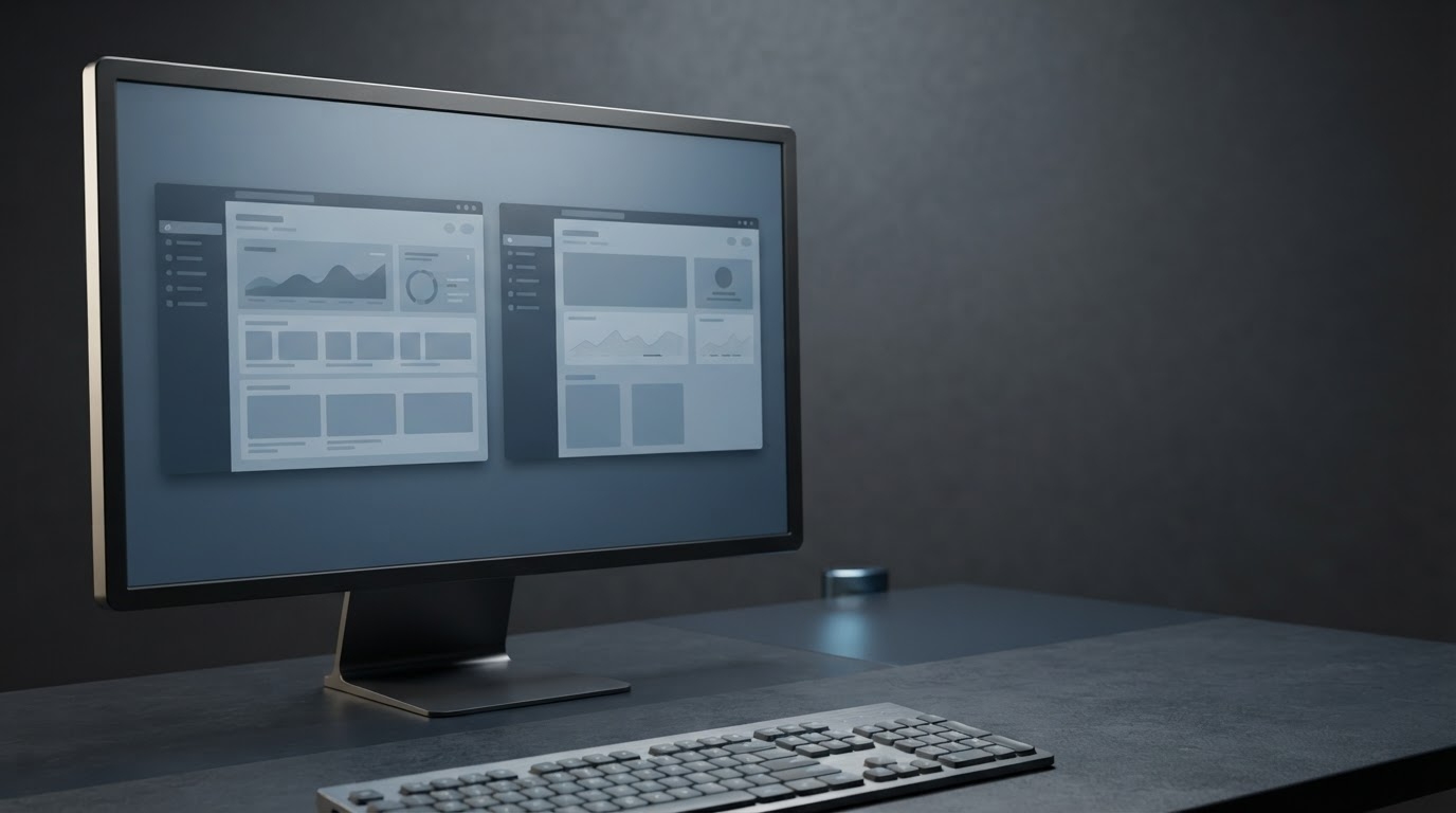 Magento to Shopify migration planning workspace with ecommerce platform diagrams on a dark monitor, clean studio lighting
