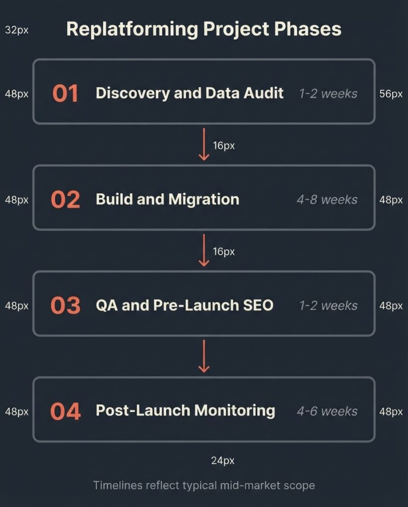 Horizontal bar chart showing website replatforming cost ranges from $3,000 for small sites up to $150,000 plus for enterprise ecommerce, with timeline benchmarks per tier