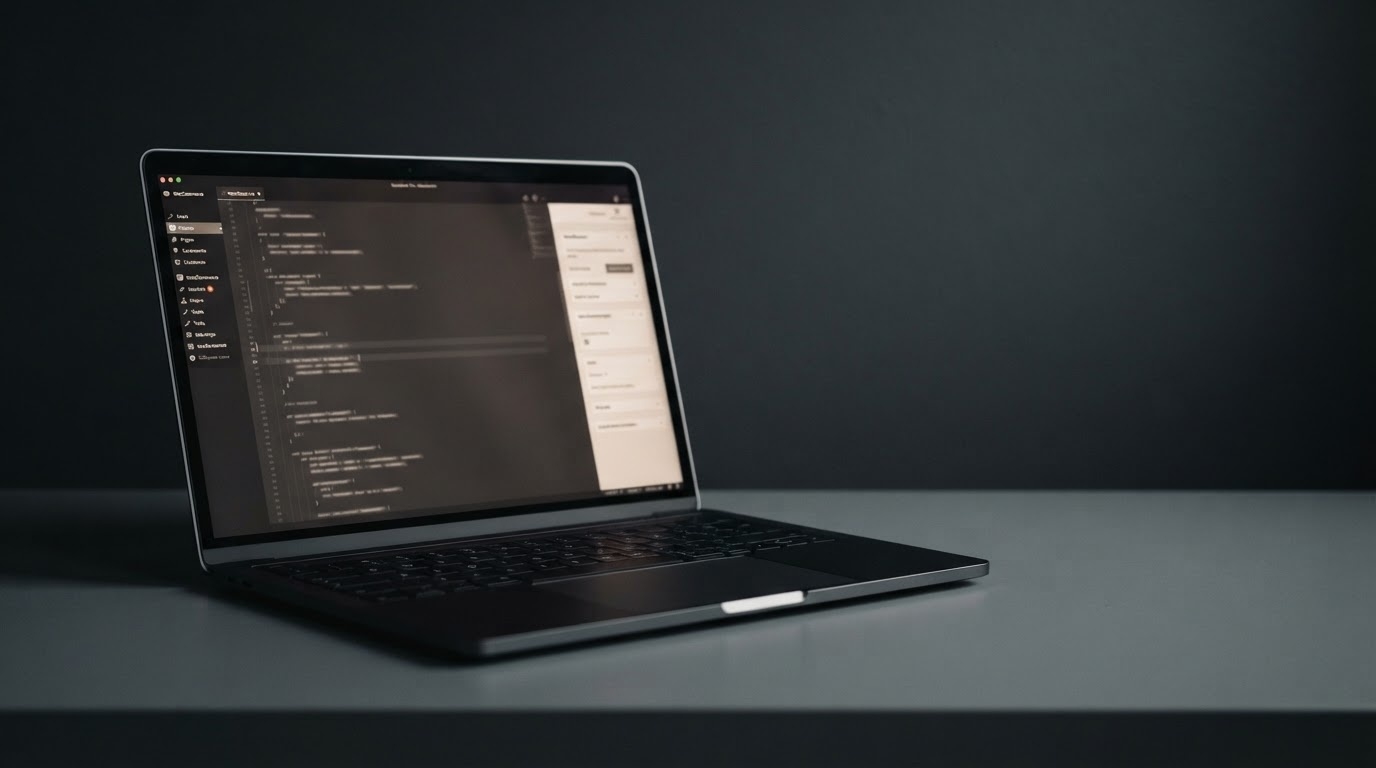 Shopify to WooCommerce migration -- developer reviewing ecommerce store architecture on a dark monitor in a quiet studio workspace