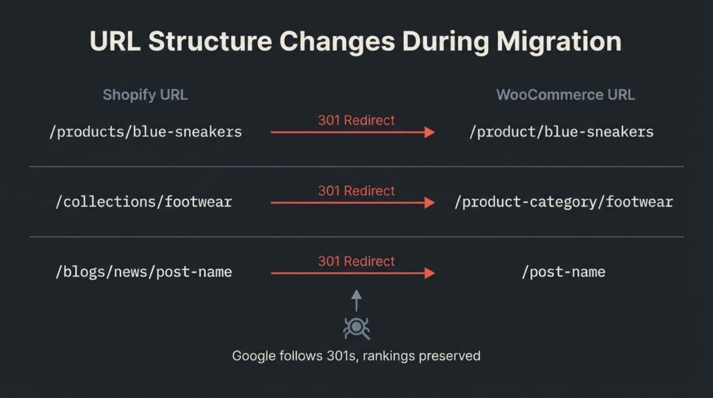 Shopify to WooCommerce migration data flow diagram: products, orders, customers, and blog posts transfer automatically; theme, apps, payment config, and images require manual rebuild