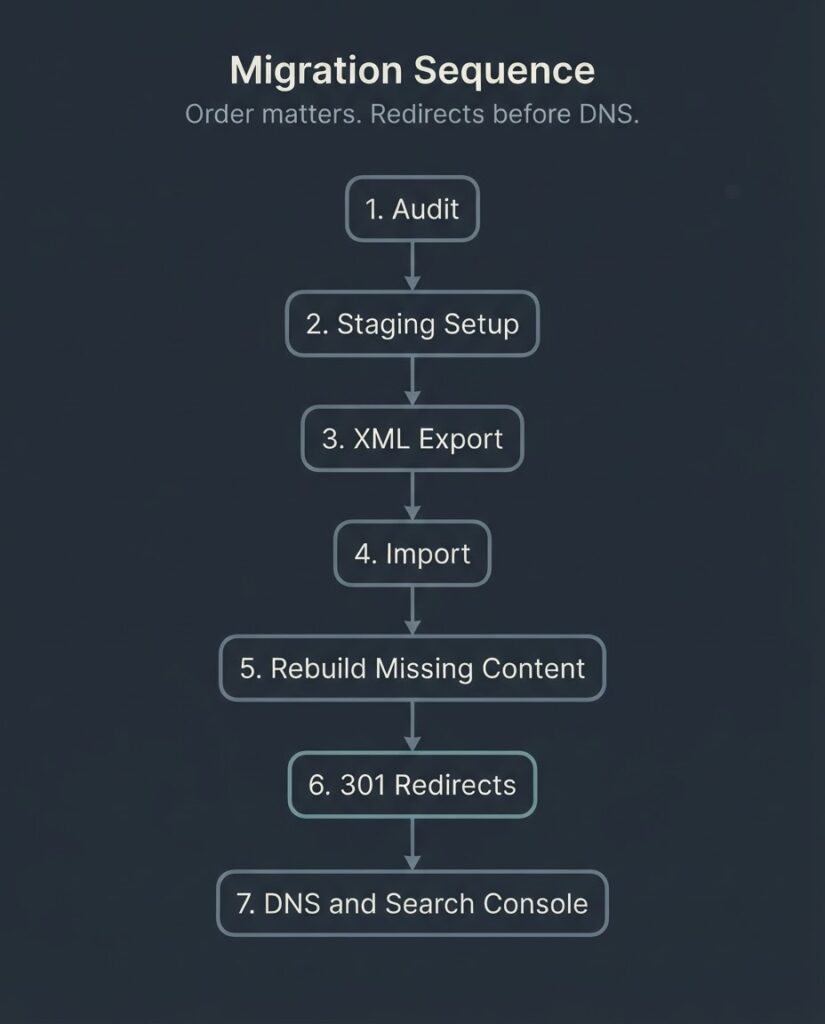 Squarespace to WordPress migration 7-step process flow: audit, staging setup, XML export, import, content rebuild, 301 redirects, DNS and Search Console