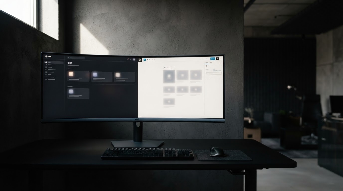 Webflow to WordPress migration professional workspace showing clean code environment and CMS transition concept