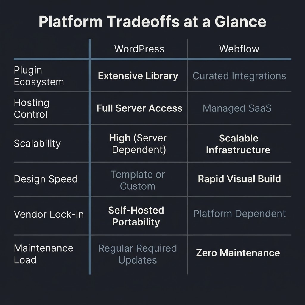 Comparison matrix showing WordPress advantages over Webflow in scalability, plugin depth, hosting control, and vendor lock-in risk, with Webflow winning on design speed for small sites