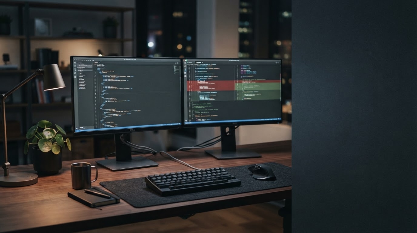Website migration checklist guide showing a developer reviewing a staged site on dual monitors in a dark, minimal workspace