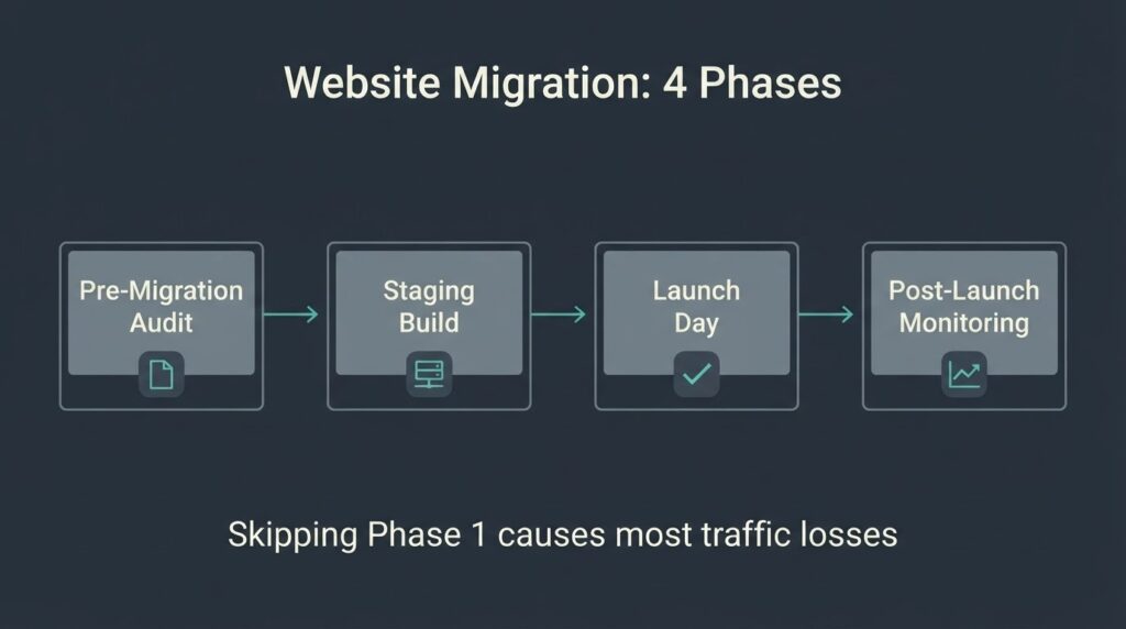 Website Migration Checklist: What to Do Before You Go Live 1 Four-phase website migration process flow: Pre-Migration Audit leads to Staging Build, then Launch Day Execution, then Post-Launch Monitoring over 90 days