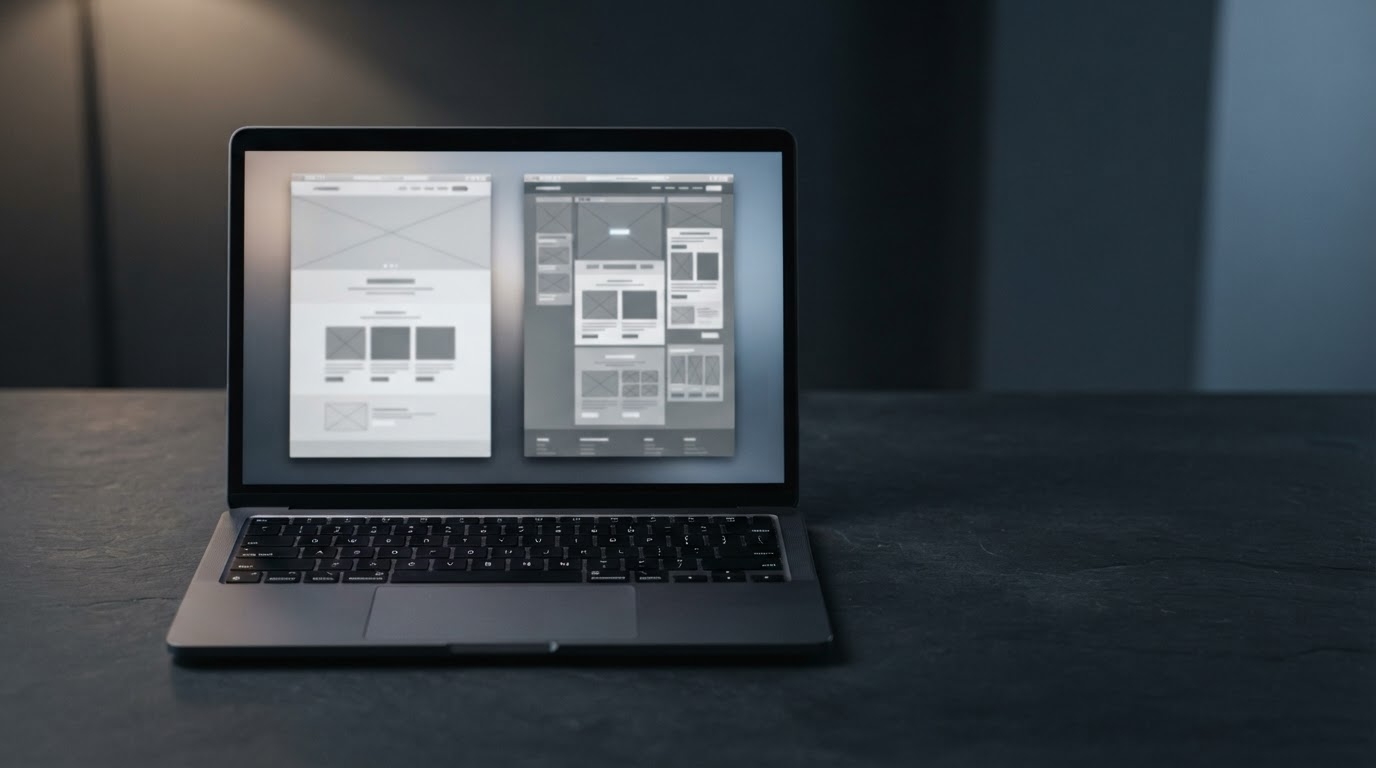 Wix to WordPress migration workspace showing a developer reviewing two website interfaces on a monitor in a clean studio environment