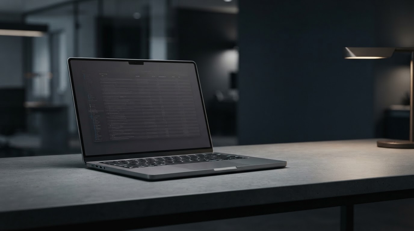 WooCommerce to Shopify migration planning on a laptop screen in a minimal dark studio workspace