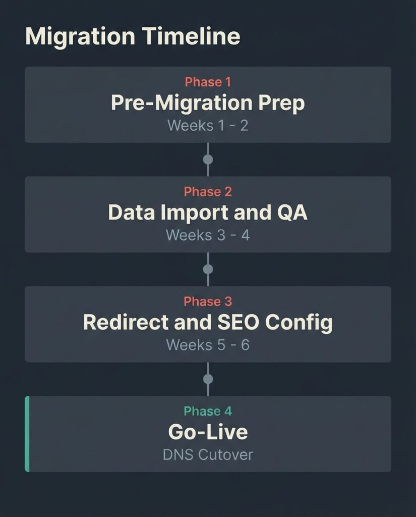 Diagram showing WooCommerce flexible URL paths mapped via 301 redirects to Shopify's fixed /products/ and /collections/ structure