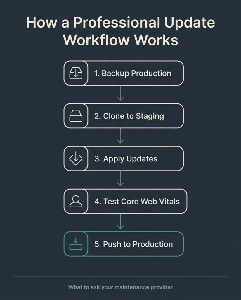 WordPress maintenance plan comparison matrix showing Basic at $50 to $150/month through Premium at $500 to $2,000+/month with included features per tier
