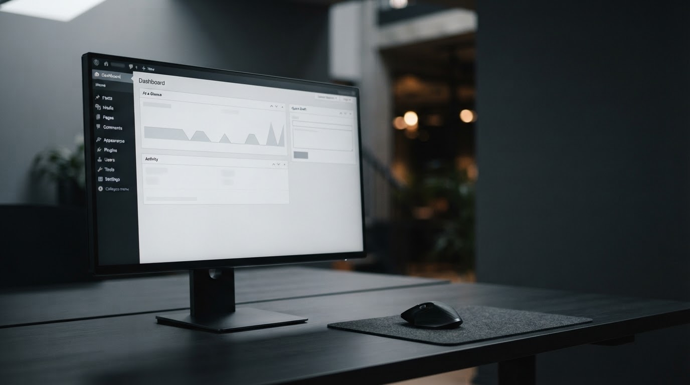 WordPress maintenance services dashboard view on a dark monitor in a professional development workspace