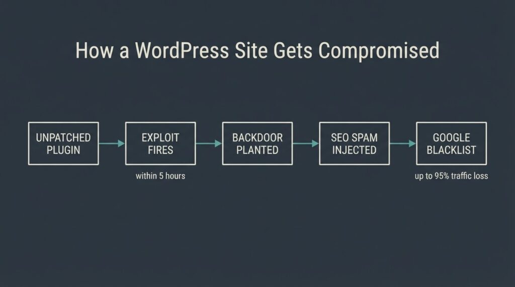 WordPress malware attack chain: unpatched plugin exploited within 5 hours leads to backdoor, SEO spam injection, Google blacklist, and up to 95% traffic loss