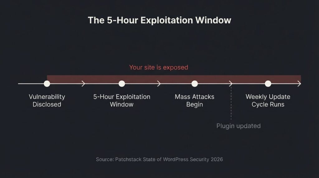 WordPress vulnerability exploitation timeline: 5-hour window to mass attack after disclosure versus a weekly update schedule leaving a multi-day gap